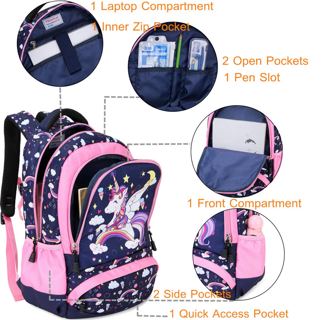 Meisohua Girls Unicorn Backpack Set - 3 IN 1 Waterproof School bag with Lunch Bag and Pencil Case for Preschool Elementary Kids