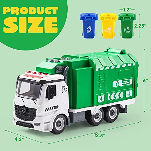 JOYIN Recycling Garbage Truck Toy, Kids DIY Assembly Friction Powered Side-Dump Garbage Toy with Light and Sounds, 3 Trash Cans, 3 Replaceable Screwdrivers, Boys & Girls Gifts