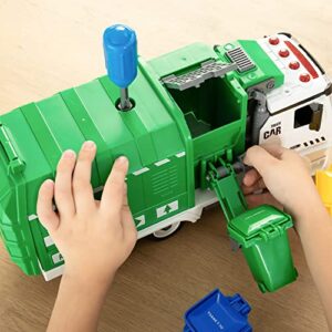 JOYIN Recycling Garbage Truck Toy, Kids DIY Assembly Friction Powered Side-Dump Garbage Toy with Light and Sounds, 3 Trash Cans, 3 Replaceable Screwdrivers, Boys & Girls Gifts