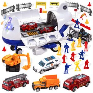 transport cargo airplane toy city hero with vehicles including 1 friction powered air plane, 6 die-cast cars, 12 worker action figures, various traffic road signs