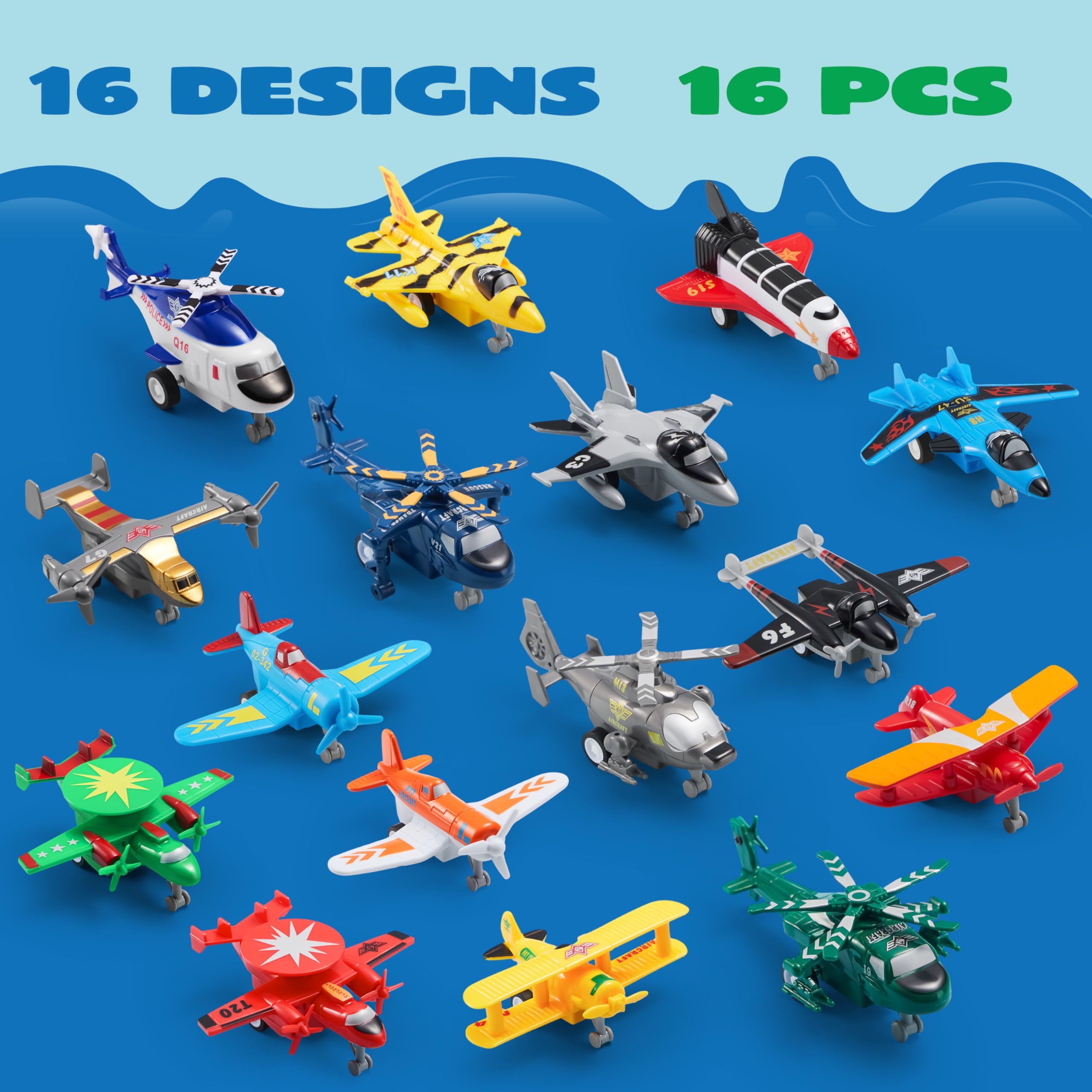 JOYIN 16 Pcs Pull Back Airplane Toys, Boys Plane Playset, Aircraft Incl Helicopter Toys, Fighter Jet Toys, Bomber Toys, Biplane Toy, Gifts for Toddler Kids 3+ Years Old, Kids Presents Toys