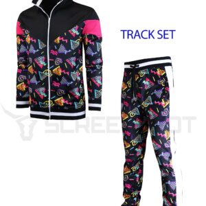 SCREENSHOT-P11904 Mens Hip Hop Premium Slim Fit Track Pants - Athletic Jogger 80's Retro Pattern Print Streetwear Bottoms-Black/Pop-Large