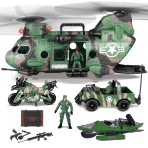 joyin 10-in-1 military helicopter toys set with light, sound, trucks, boat, bike, army men, weapons - kids gifts