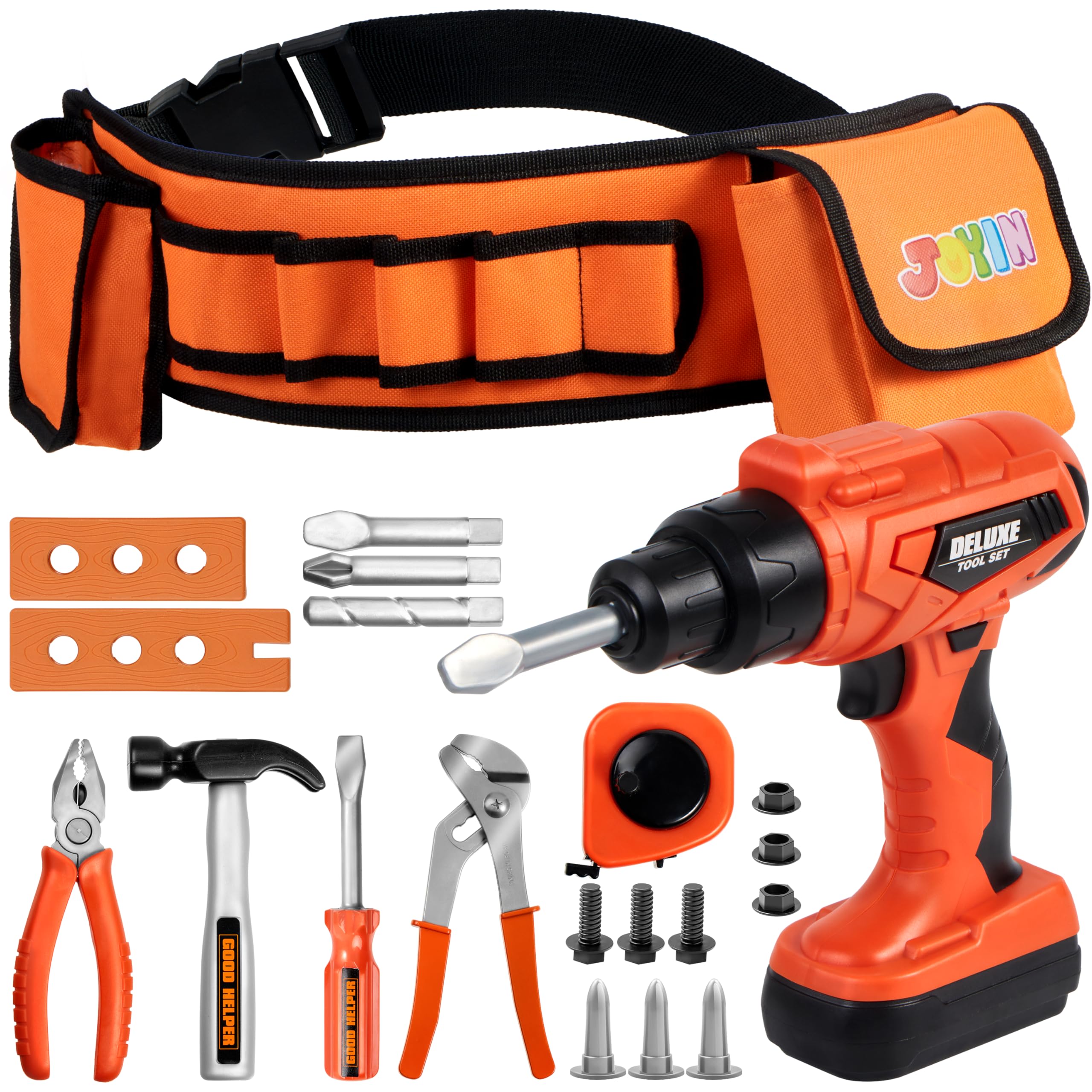 JOYIN 19Pcs Kids Tool Set, Pretend Play Toddler Power Toy Tool with Construction Tool Belt & Electronic Toy Drill for Boy Girl Birthday Gift Outdoor Preschool Ages 3, 4, 5, 6, 7 Years Old