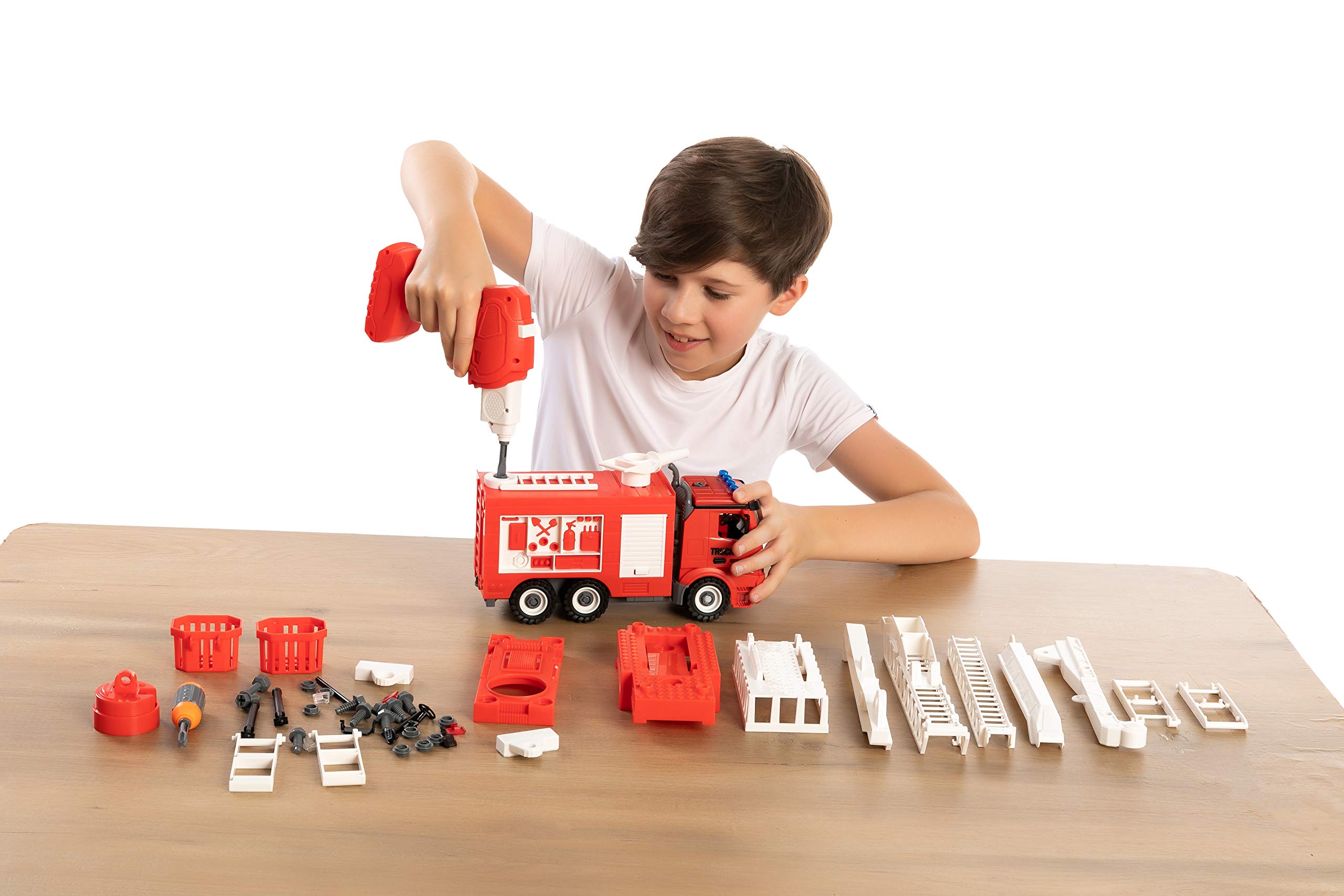 JOYIN 4 in 1 Take Apart Fire Truck Toys with Drill Converts to 5 Types of Fire Rescue Trucks Remote Control Car Fire Engine Trucks for Boys