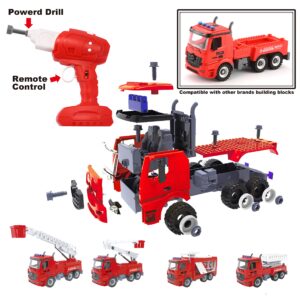 JOYIN 4 in 1 Take Apart Fire Truck Toys with Drill Converts to 5 Types of Fire Rescue Trucks Remote Control Car Fire Engine Trucks for Boys