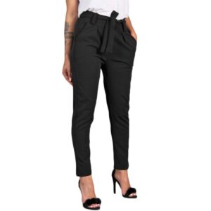 wuai-women work pants high waist pencil cropped paper bag waist pants slim fit casual pants with pockets(black,small)
