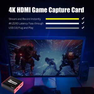 TreasLin Capture Card, 4K Game HDMI Video USB3.0 Capture Card Live Streaming Share for PS5 PS4 Switch Wii U DSLR Xbox on OBS Support Windows, Mac, Zero Latency HDMI Pass-Through