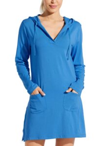 willit women's long sleeve cotton swim cover up upf 50+ spf dress hooded with pockets sun protection beach coverup brilliant blue m