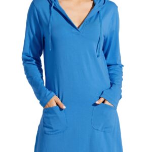 Willit Women's Long Sleeve Cotton Swim Cover Up UPF 50+ SPF Dress Hooded with Pockets Sun Protection Beach Coverup Brilliant Blue M