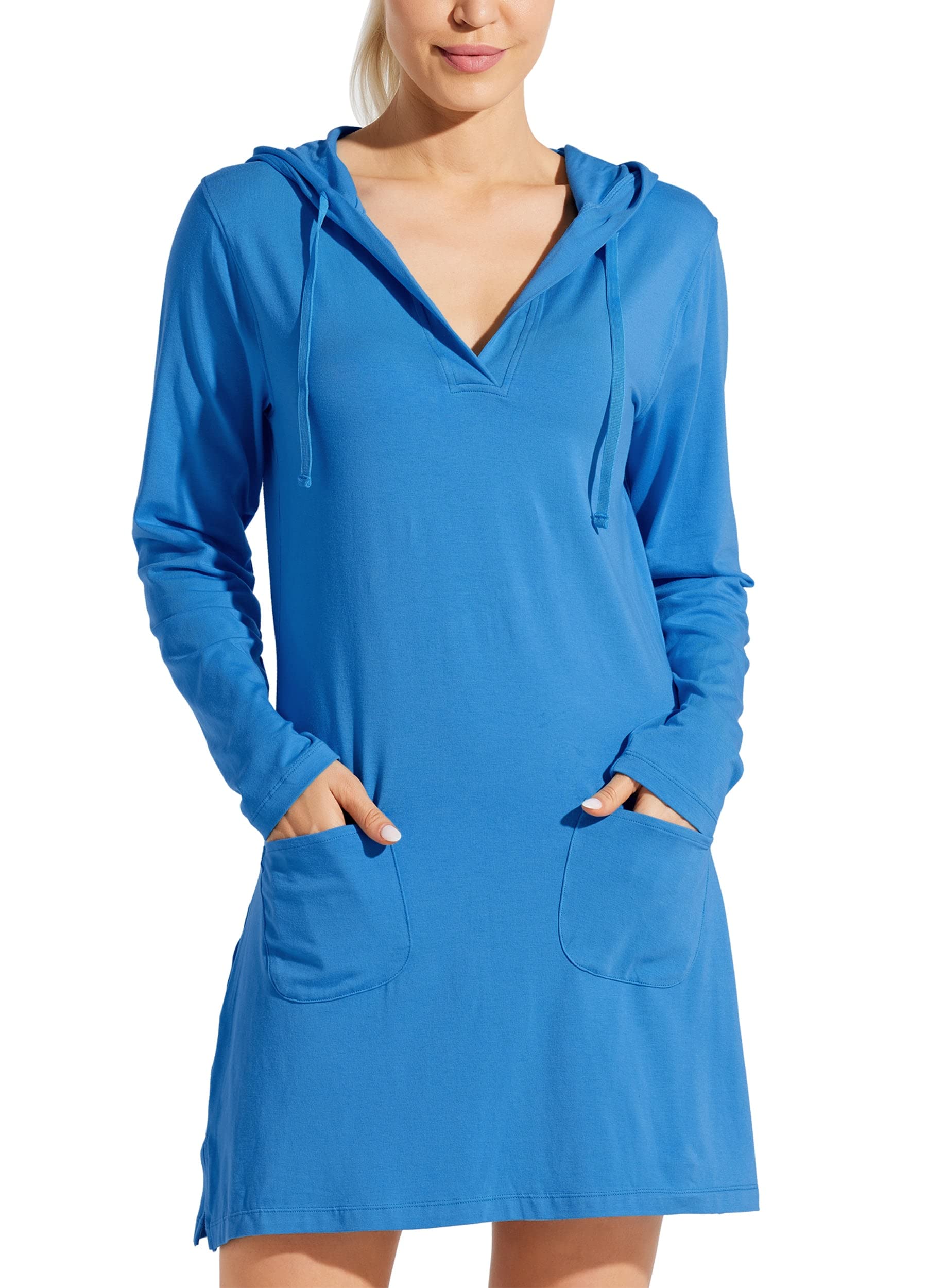 Willit Women's Long Sleeve Cotton Swim Cover Up UPF 50+ SPF Dress Hooded with Pockets Sun Protection Beach Coverup Brilliant Blue M