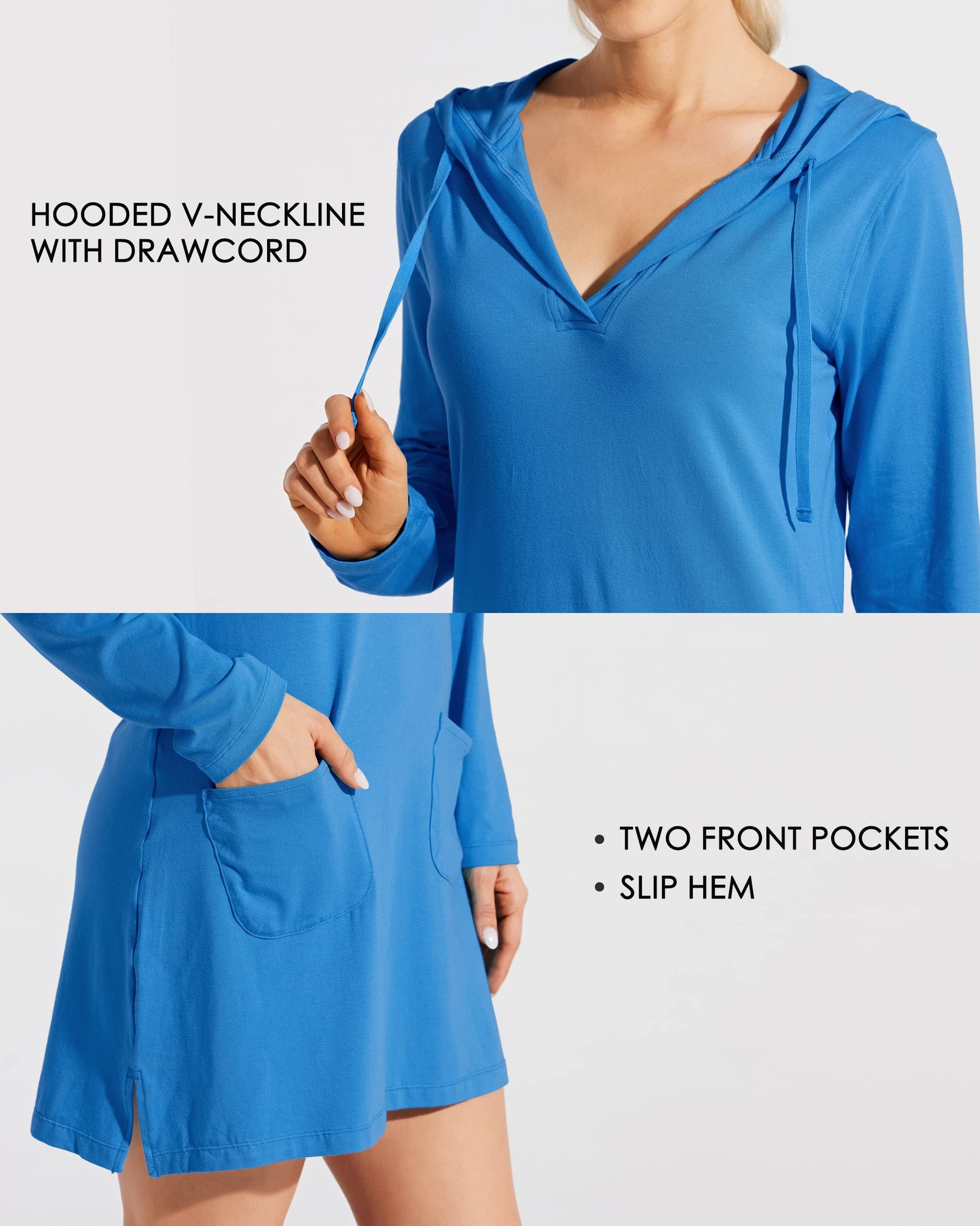 Willit Women's Long Sleeve Cotton Swim Cover Up UPF 50+ SPF Dress Hooded with Pockets Sun Protection Beach Coverup Brilliant Blue M