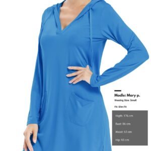 Willit Women's Long Sleeve Cotton Swim Cover Up UPF 50+ SPF Dress Hooded with Pockets Sun Protection Beach Coverup Brilliant Blue M