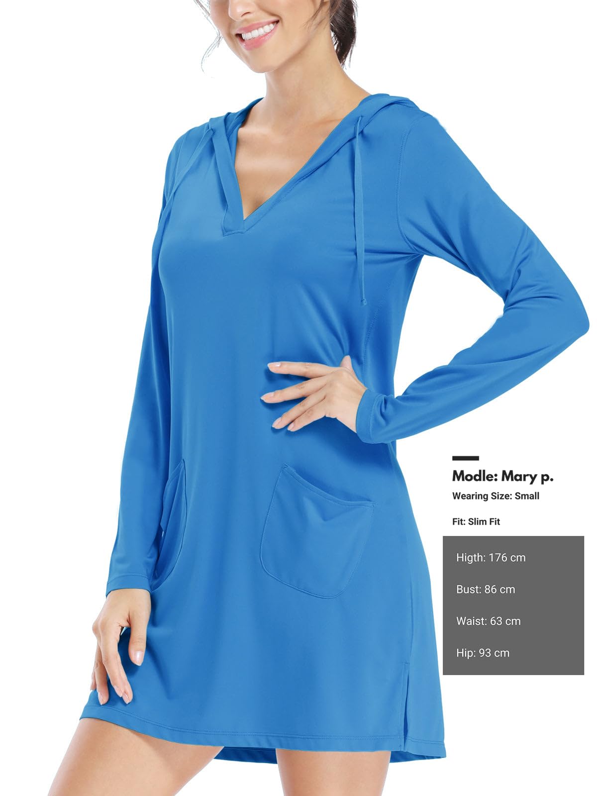 Willit Women's Long Sleeve Cotton Swim Cover Up UPF 50+ SPF Dress Hooded with Pockets Sun Protection Beach Coverup Brilliant Blue M