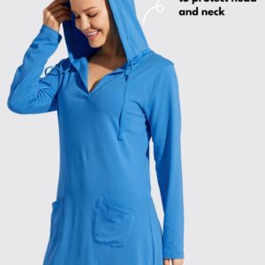 Willit Women's Long Sleeve Cotton Swim Cover Up UPF 50+ SPF Dress Hooded with Pockets Sun Protection Beach Coverup Brilliant Blue M