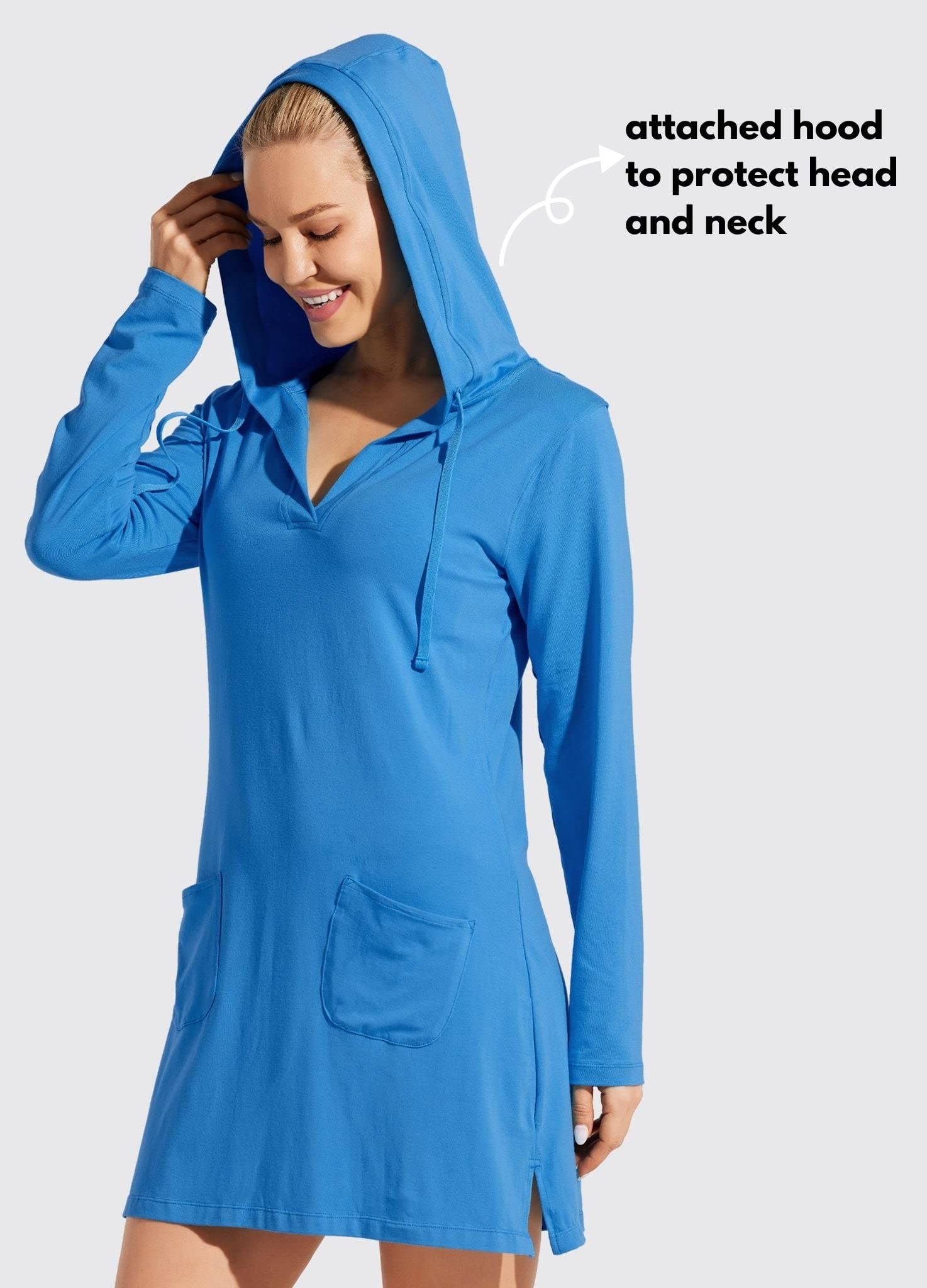 Willit Women's Long Sleeve Cotton Swim Cover Up UPF 50+ SPF Dress Hooded with Pockets Sun Protection Beach Coverup Brilliant Blue M