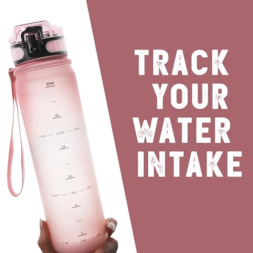 Live Infinitely 24 oz Water Bottle with Time Marker - Insulated Measured Water Tracker Screen - BPA Free Gym Water Bottle - Locking Flip Top Lid, Rubberized (Rose, 24oz)