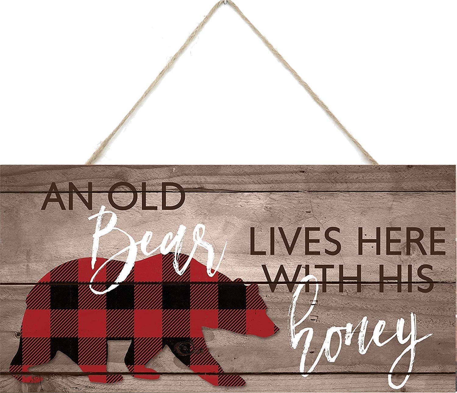 POWERMAZ an Old Bear Lives Here with His Honey Wooden Plank Sign Plaque Home Decor Art Gifts 5 x 10 Inches(BW747)