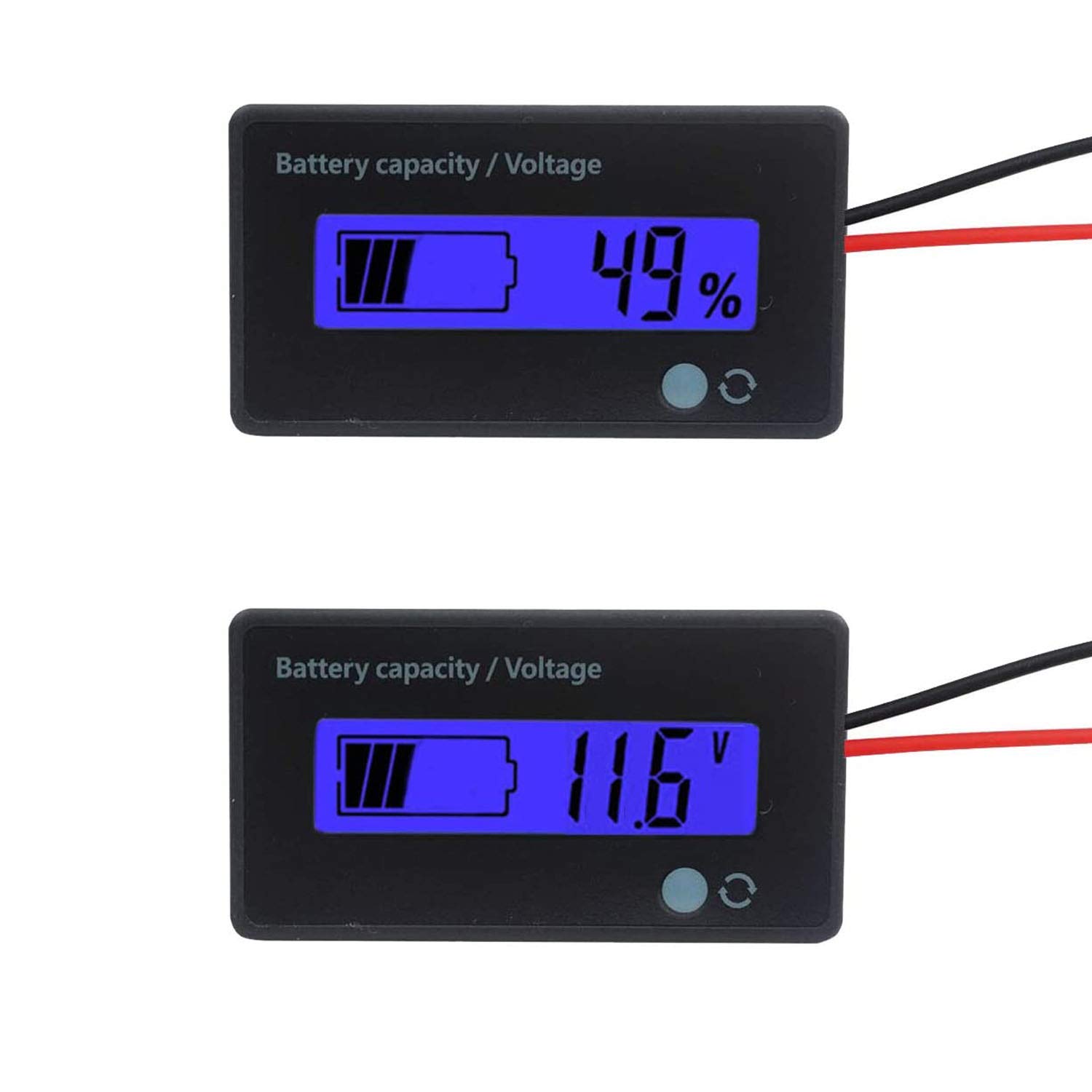 QJFCare Flash Alarm Blue LCD Waterproof Battery Capacity Monitor Gauge Meter,12V/24V/36V/48V Lead Acid Battery Status Indicator,Lithium Battery Capacity Tester Voltage Meter Monitor