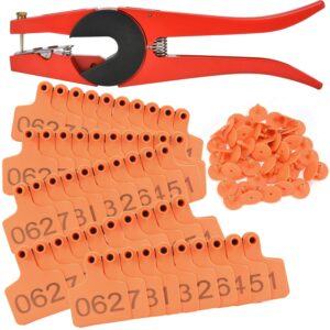 easy 100 sets livestock numbered plastic ear tags for cattle cow calves bull animal identification tpu earring tagger (orange) with 1 pcs pliers applicator