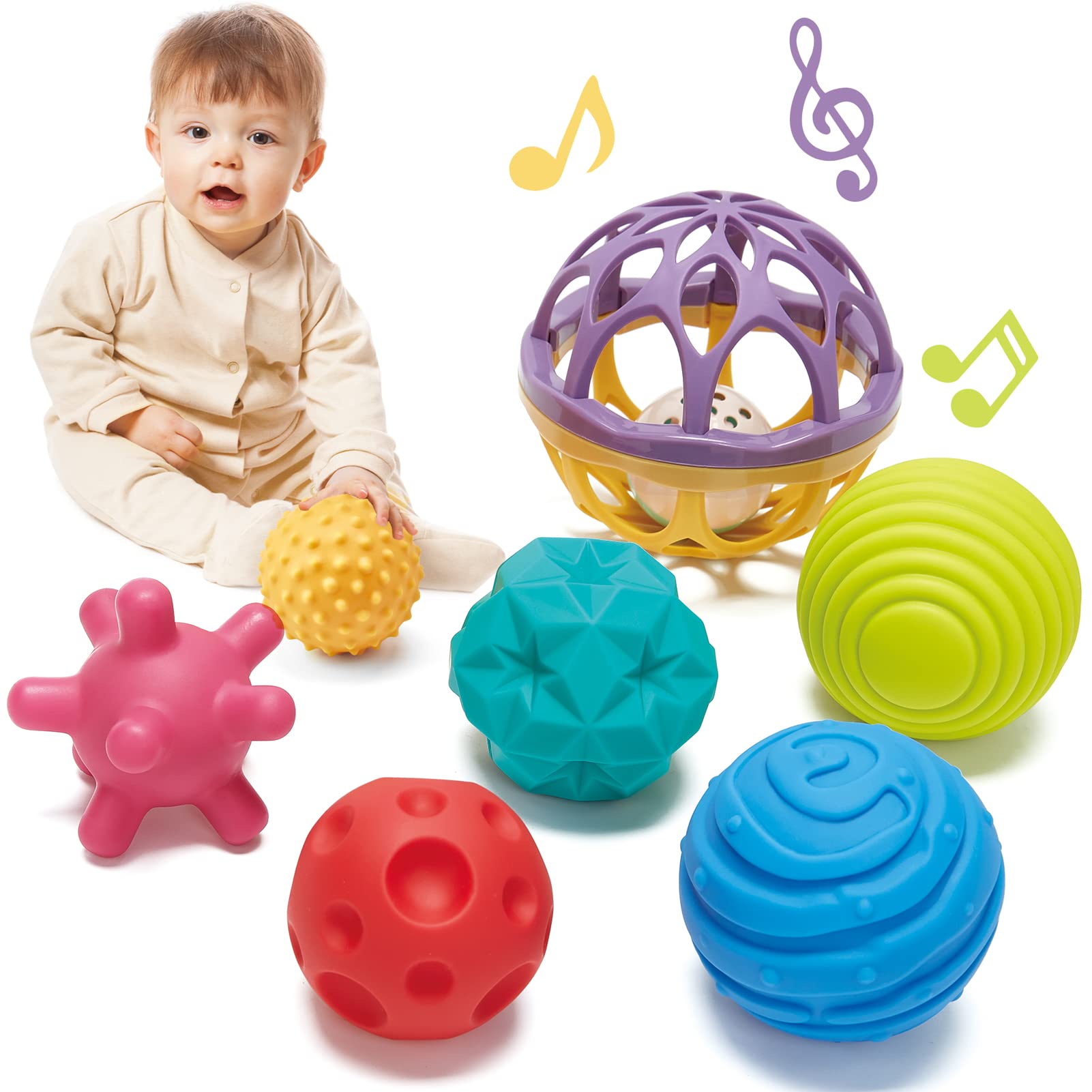 Sensory Balls for Toddlers 1-3 with Easy Catching Rattle Baby Toys 6-12 Months - Montessori Sensory Toys for Babies and Toddlers Ages 0-2 - 7PCS