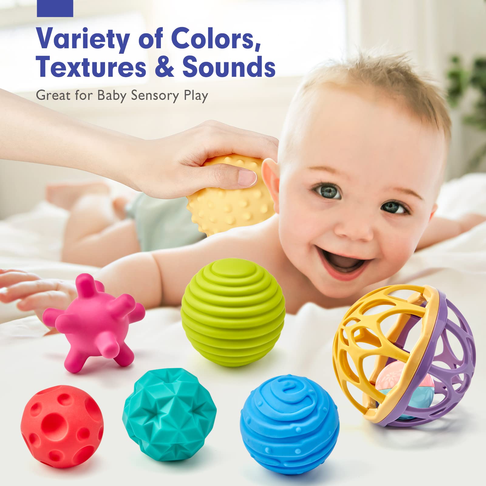 Sensory Balls for Toddlers 1-3 with Easy Catching Rattle Baby Toys 6-12 Months - Montessori Sensory Toys for Babies and Toddlers Ages 0-2 - 7PCS