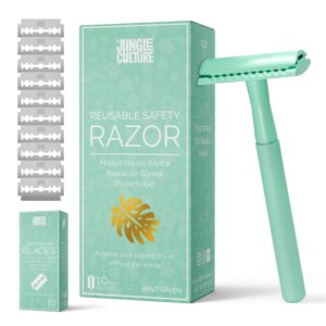 jungle culture safety razor with 10 double edge blades • one blade metal razors for women & men for body & face • eco friendly & reusable shaver • green