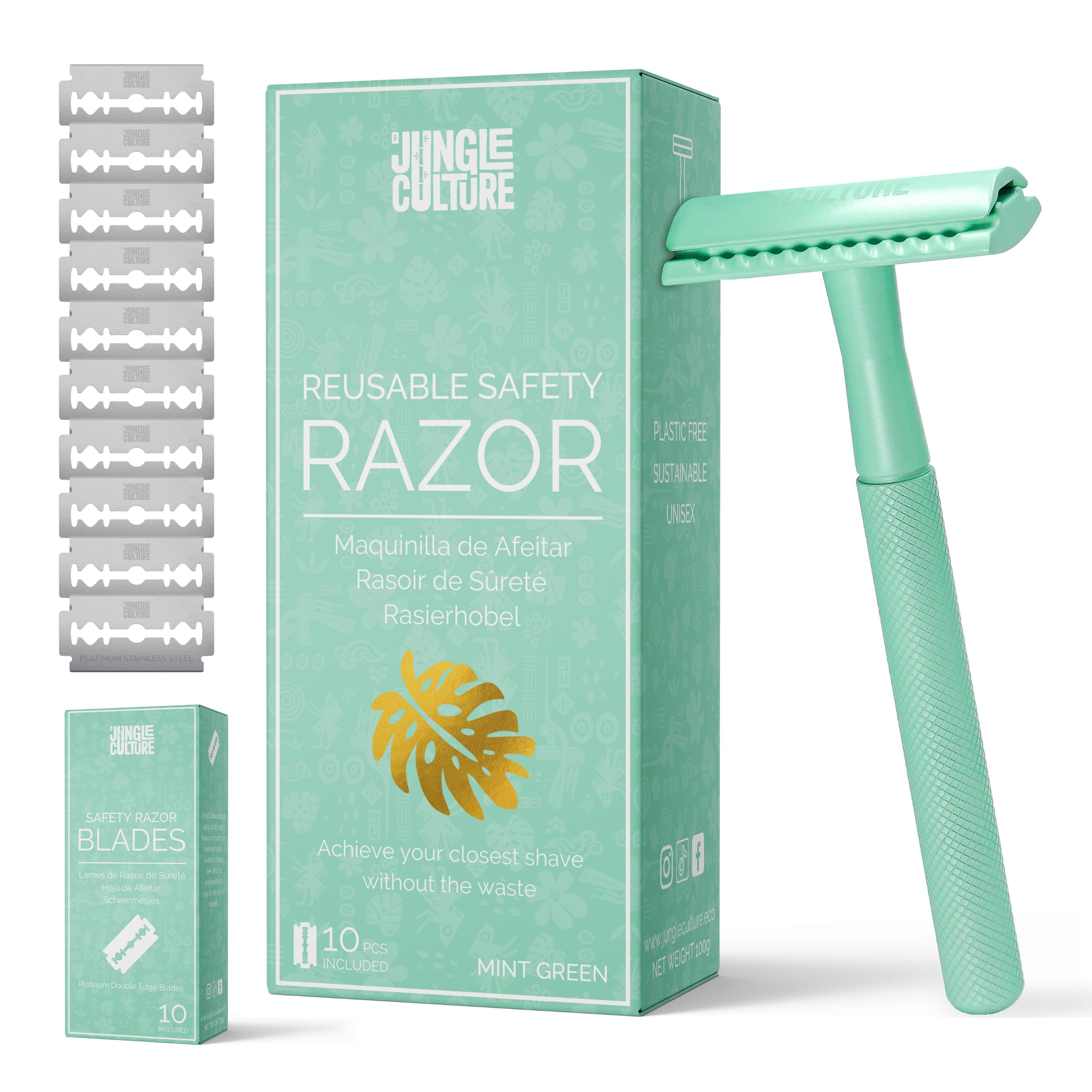 Jungle Culture Safety Razor with 10 Double Edge Blades • One Blade Metal Razors for Women & Men for Body & Face • Eco Friendly & Reusable Shaver • Green