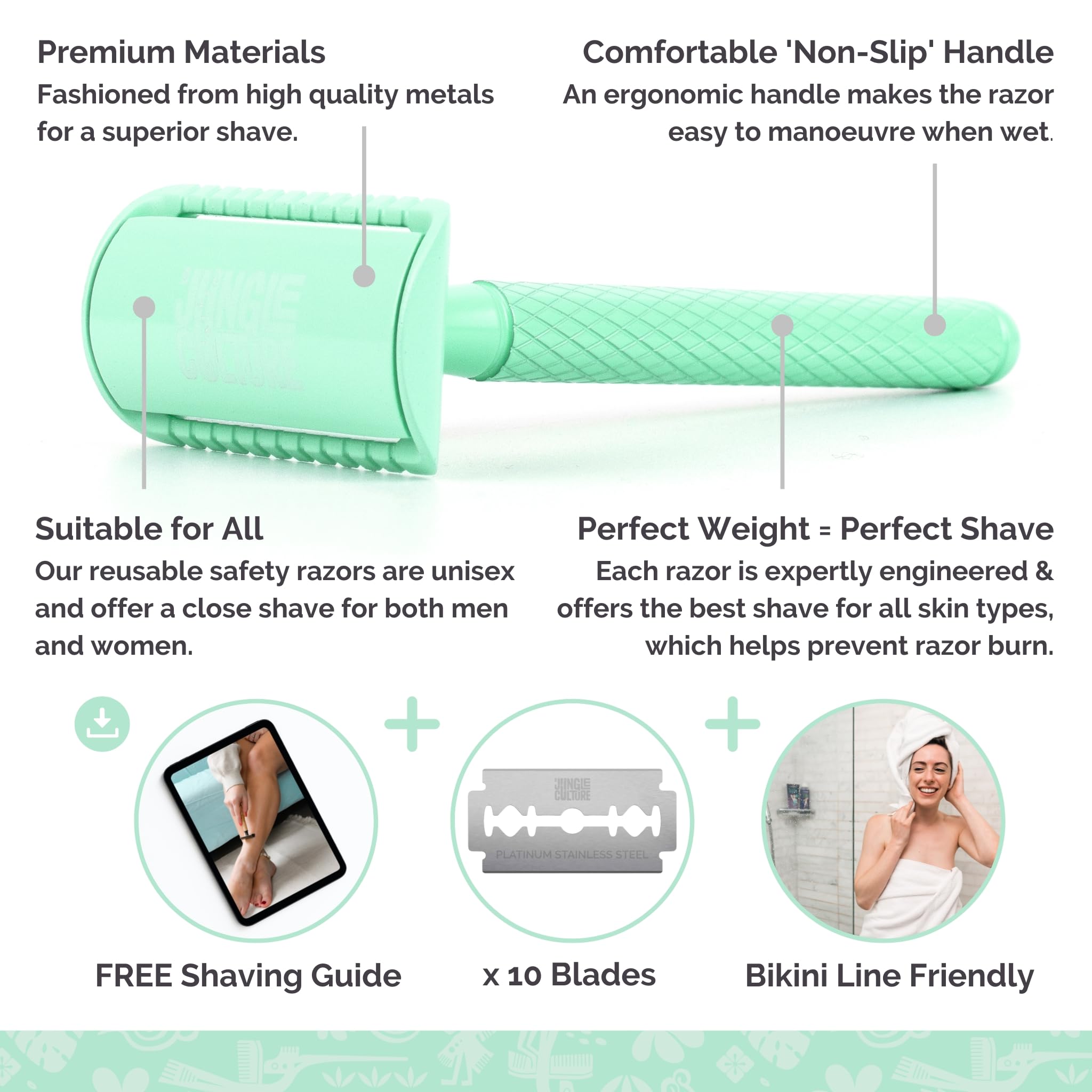 Jungle Culture Safety Razor with 10 Double Edge Blades • One Blade Metal Razors for Women & Men for Body & Face • Eco Friendly & Reusable Shaver • Green