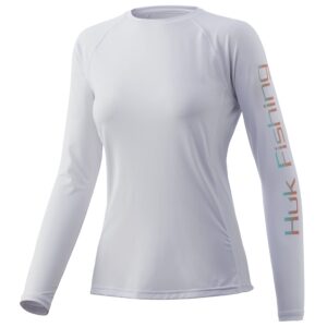 huk women's pursuit long sleeve performance shirt + sun protection, fishing-white, small