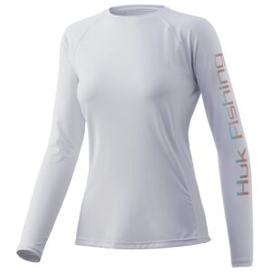 HUK Women's Pursuit Long Sleeve Performance Shirt + Sun Protection, Fishing-White, Large