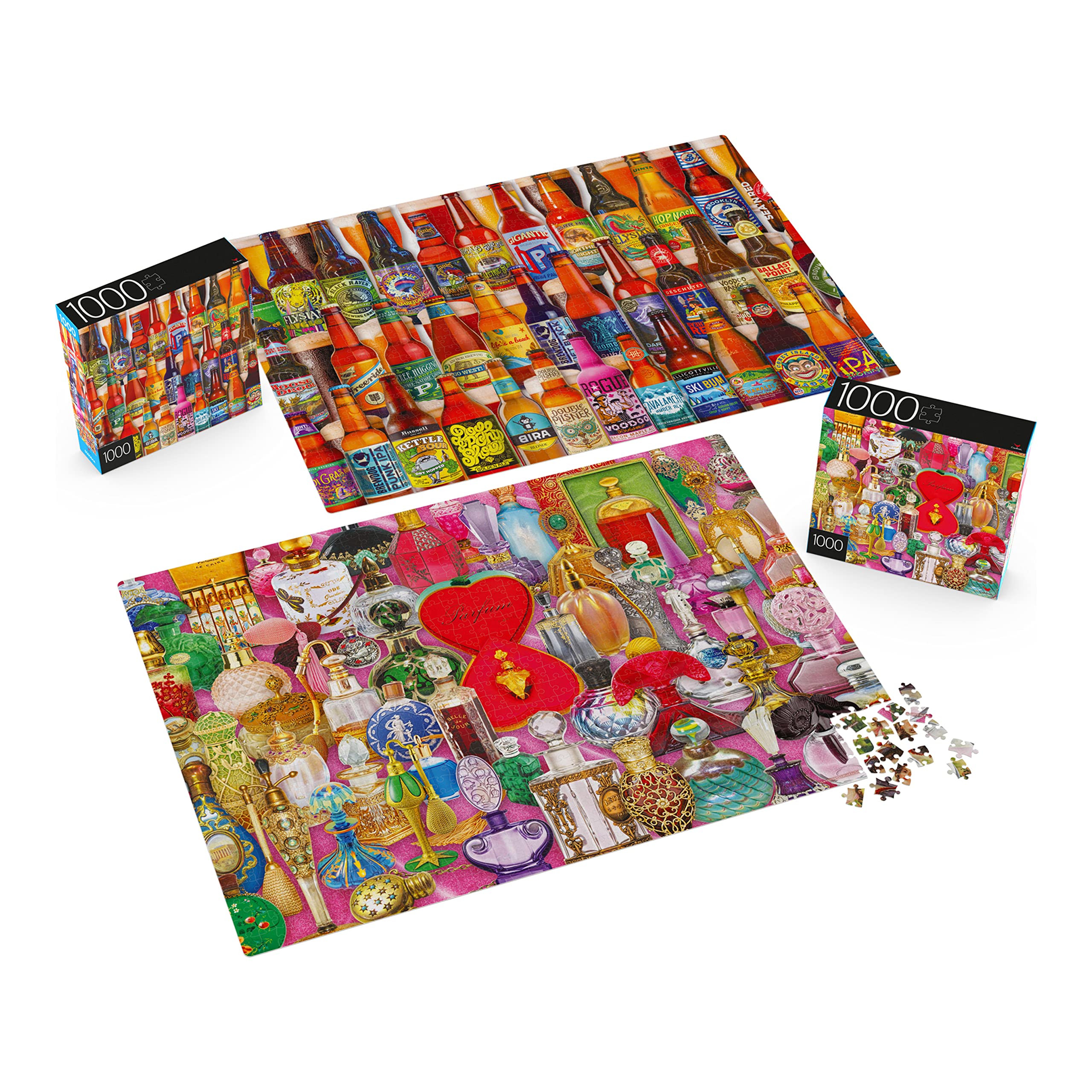 2-Pack of 1000-Piece Jigsaw Puzzles, for Adults, Families, and Kids Ages 8 and Up, Perfume Bottles and Craft Beer Bottles