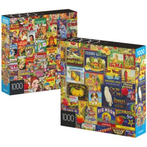 2-pack of 1000-piece jigsaw puzzles, retro comics and fruit labels, puzzles for adults and kids ages 8+, amazon exclusive