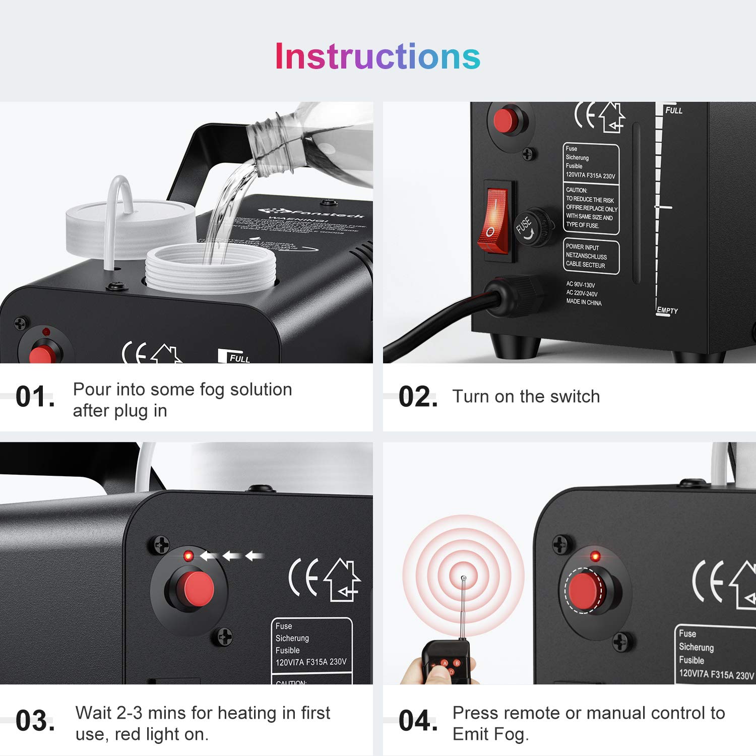 Upgraded Fog Machine with Continuous Fog, Fansteck Halloween Smoke Machine Professional Time Control One Key to Get 30S 60S 80S 3 Modes Continuous Spray, Remote Control/Over Temperature Protection