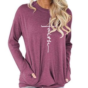 Mansy Women's Faith Sweatshirt Loose Fit Long Sleeve Crewneck Christian Letter Print Tunic Tops with Pocket