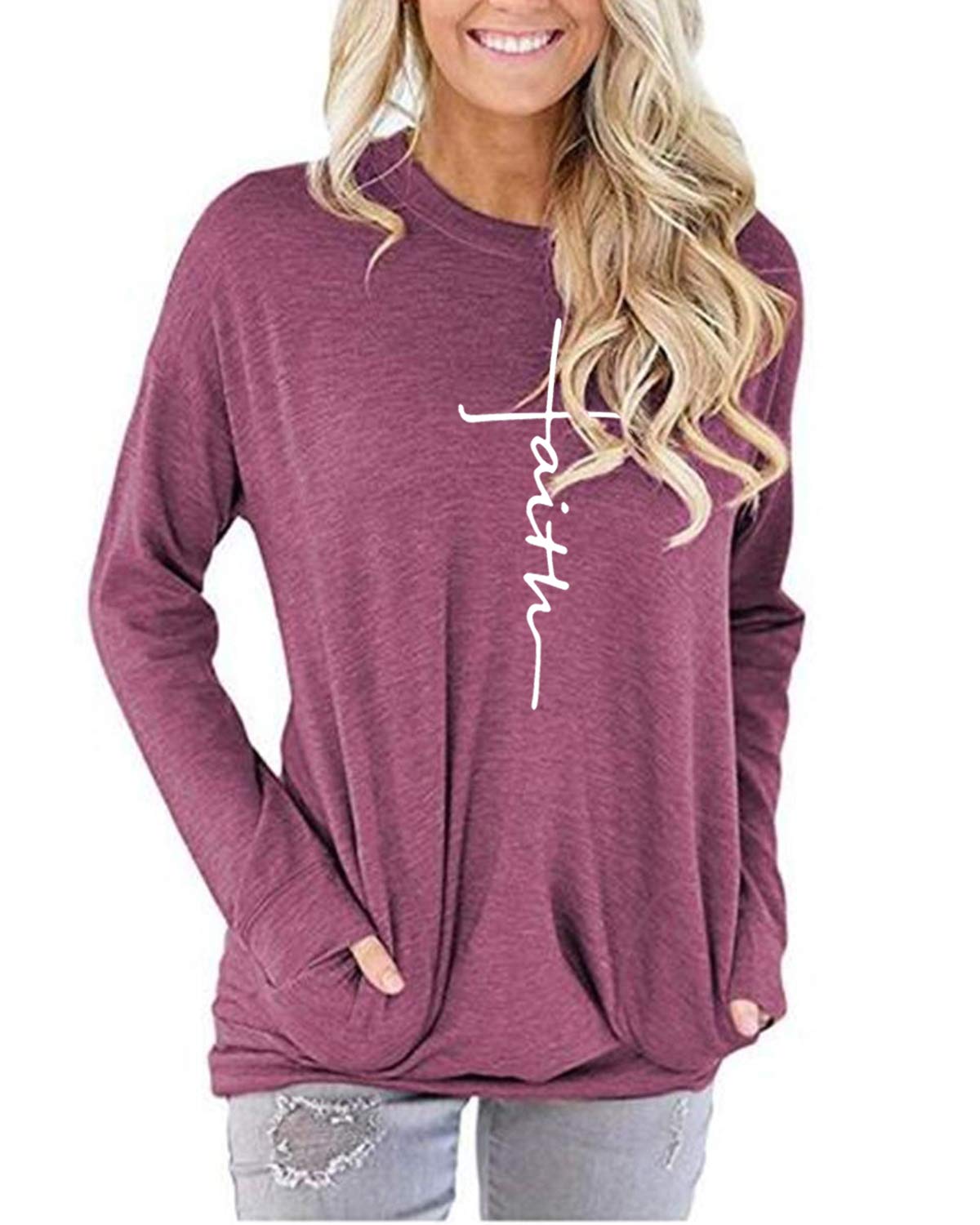 Mansy Women's Faith Sweatshirt Loose Fit Long Sleeve Crewneck Christian Letter Print Tunic Tops with Pocket