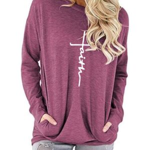 Mansy Women's Faith Sweatshirt Loose Fit Long Sleeve Crewneck Christian Letter Print Tunic Tops with Pocket