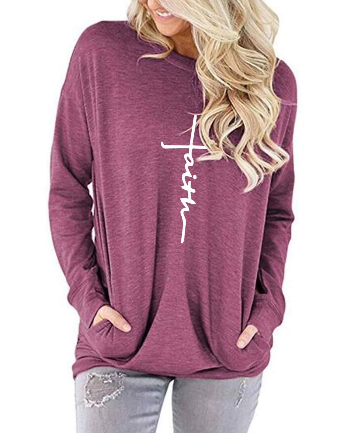 Mansy Women's Faith Sweatshirt Loose Fit Long Sleeve Crewneck Christian Letter Print Tunic Tops with Pocket