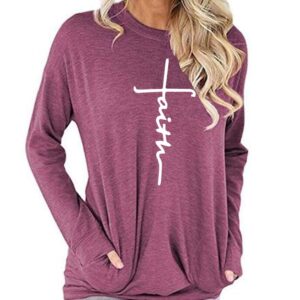 Mansy Women's Faith Sweatshirt Loose Fit Long Sleeve Crewneck Christian Letter Print Tunic Tops with Pocket