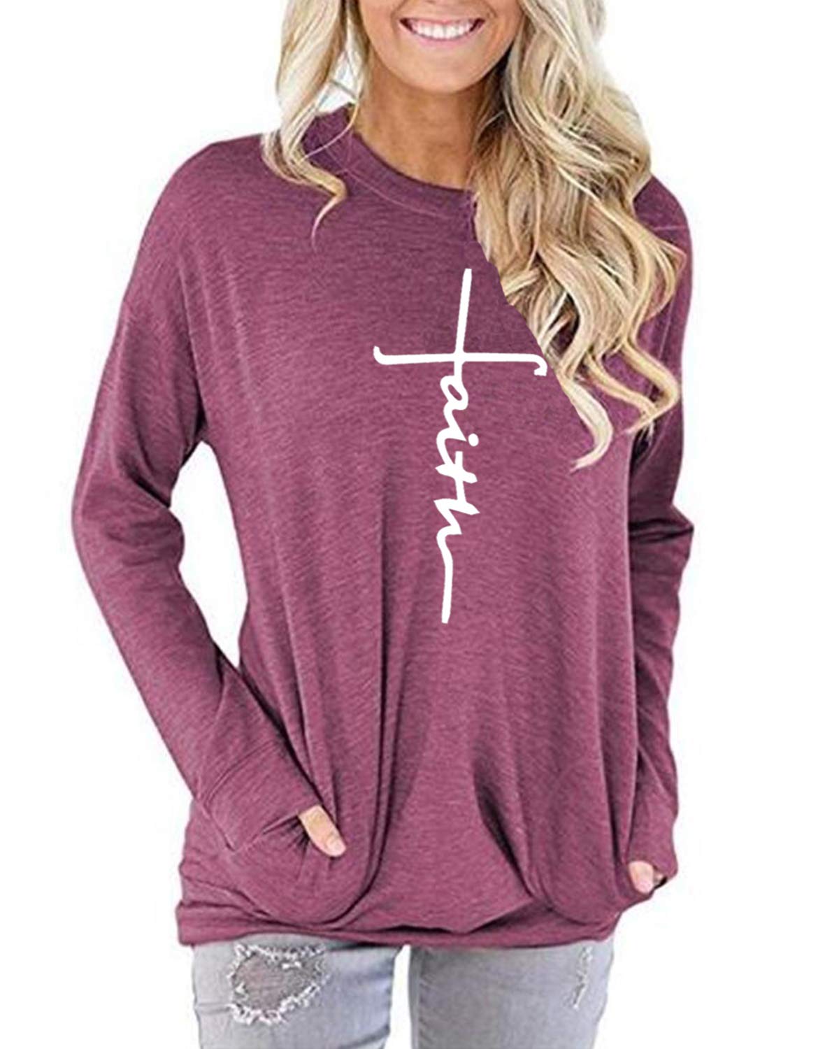 Mansy Women's Faith Sweatshirt Loose Fit Long Sleeve Crewneck Christian Letter Print Tunic Tops with Pocket