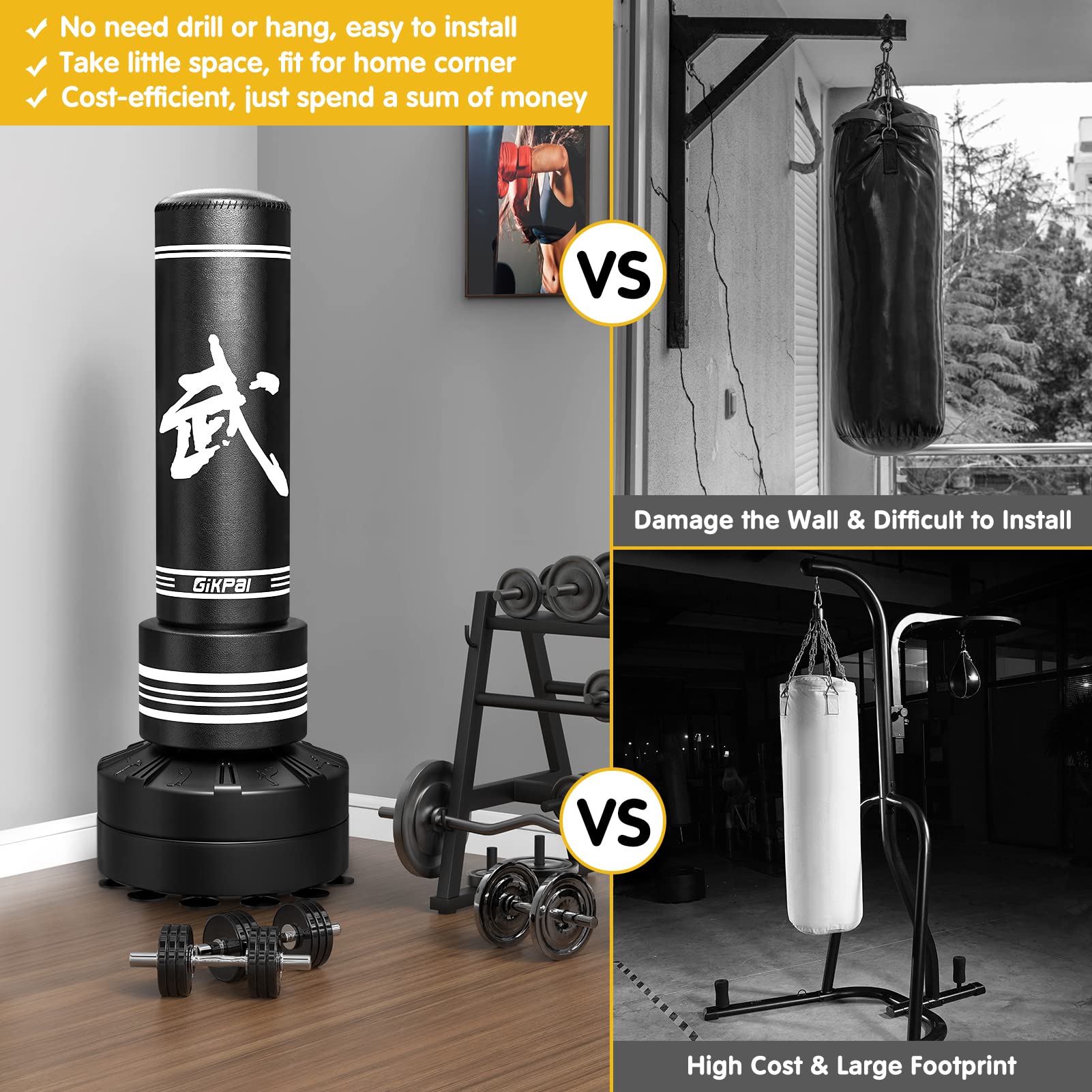 GIKPAL Freestanding Punching Bag 67'' -182lbs Heavy Boxing Bag Free Stand Kickboxing Bag with 2 Hand Warps for Adults Youth Men