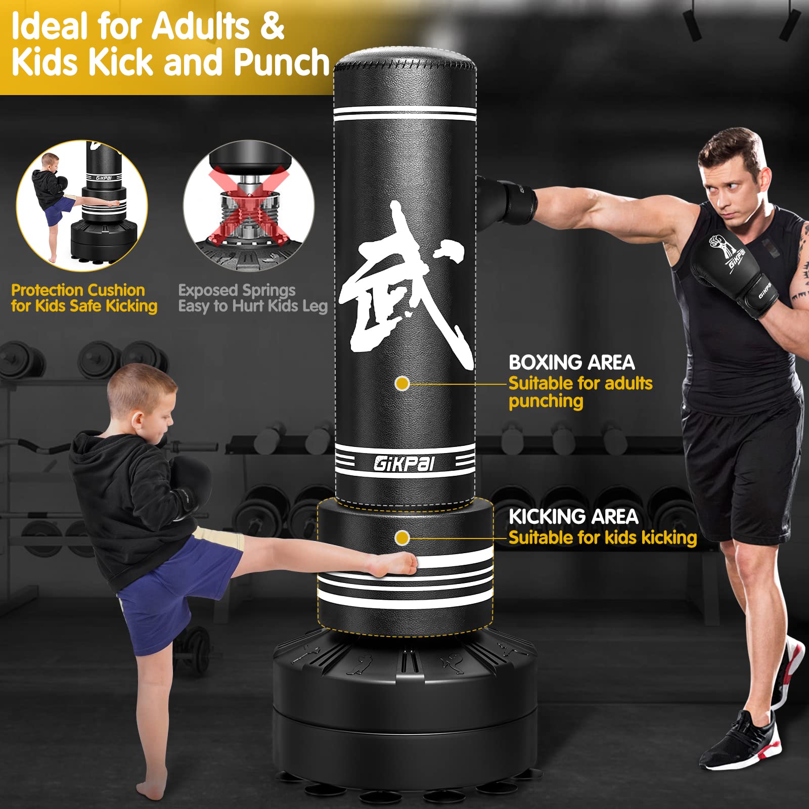 GIKPAL Freestanding Punching Bag 67'' -182lbs Heavy Boxing Bag Free Stand Kickboxing Bag with 2 Hand Warps for Adults Youth Men