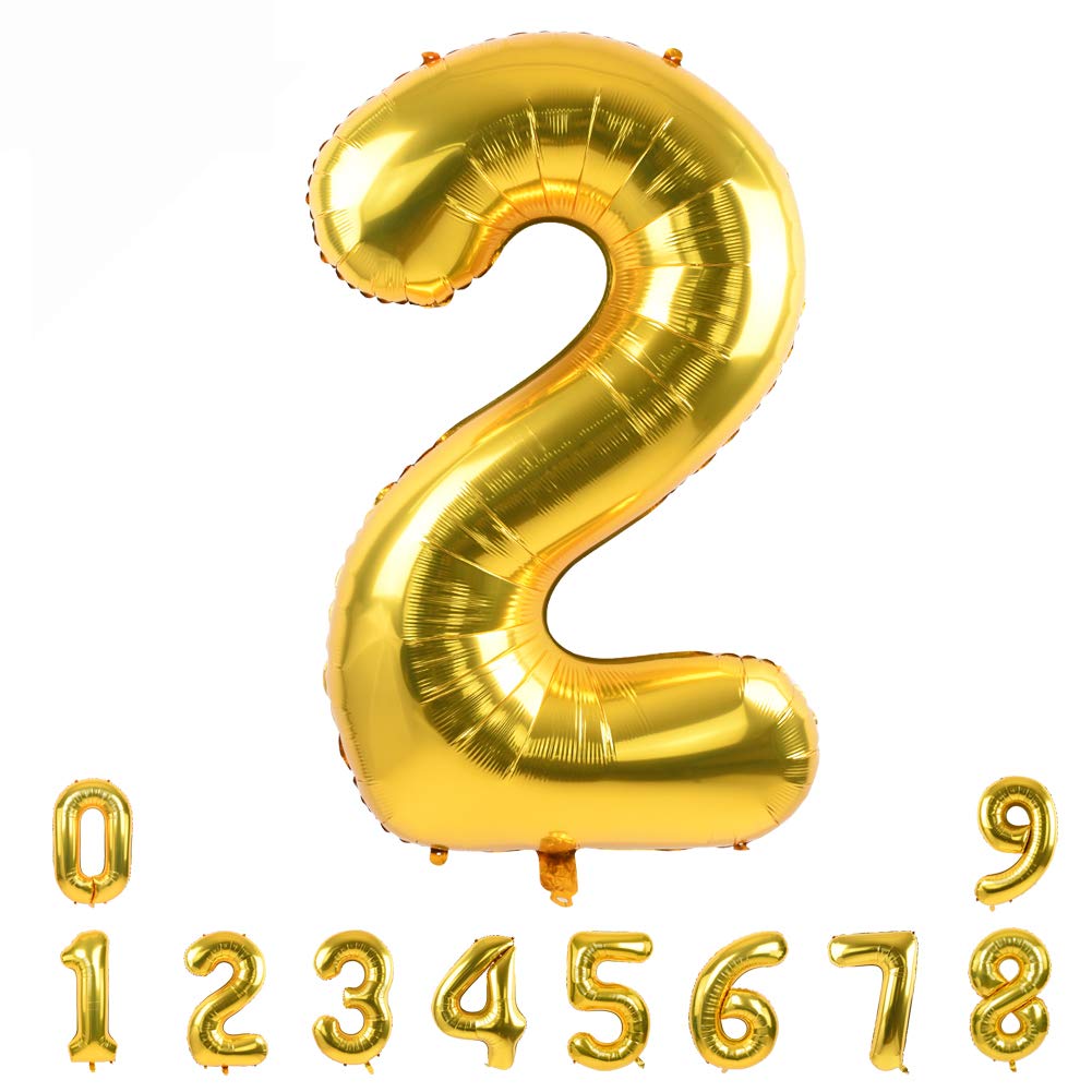 TONIFUL 40 Inch Gold Large Numbers Balloon 0-9 Birthday Party Decorations,Foil Mylar Big Number Balloon Digital 2 for Birthday Party,Wedding, Bridal Shower Engagement Photo Shoot, Anniversary