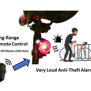 Wireless Bike Alarm w/Smart Taillight: Anti-Theft Alarm w/Remote; Auto On/Off Taillight w/New Burst Strobe Mode for Daytime; Deceleration Warning; Wireless Electric Horn & Bike Finder.