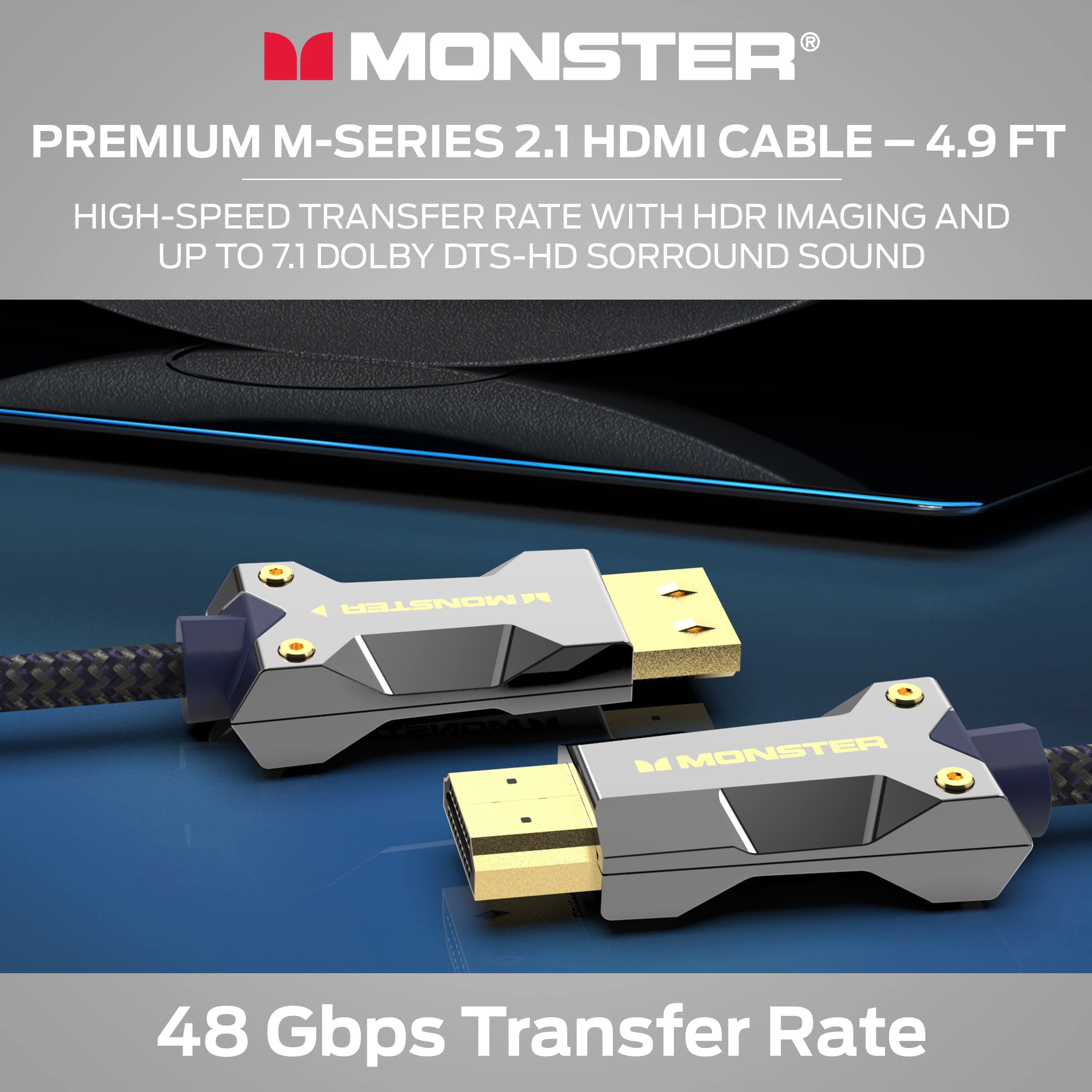 Monster M-Series 3000 Certified Premium 8K High Speed - 2.1, 4K 120Hz , 48 Gbps- HDMI Cables for Apple TV, Roku, Smart TV, Laptop, Montior - 4.9 ft