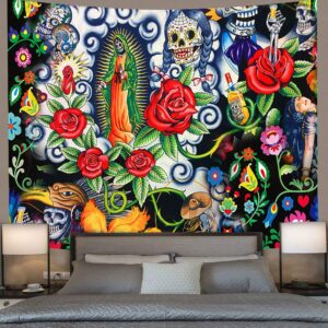 FEASRT Day of Dead Tapestry Rose Skull Tapestry Mexican Skeleton Tapestry Wall Hanging Tapestries for Bedroom Living Room Apartment Dorm Decorations Wall Art Decor Tapestry 80x60 Inches GTZYAY270