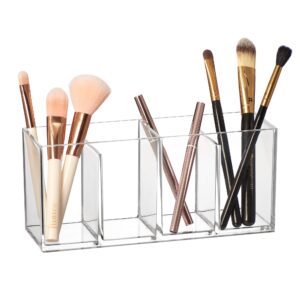 amazing abby - glamour - acrylic 4-compartment makeup organizer, transparent plastic makeup brush holder, perfect bathroom vanity storage solution for makeup brushes, eyebrow pencils, and more