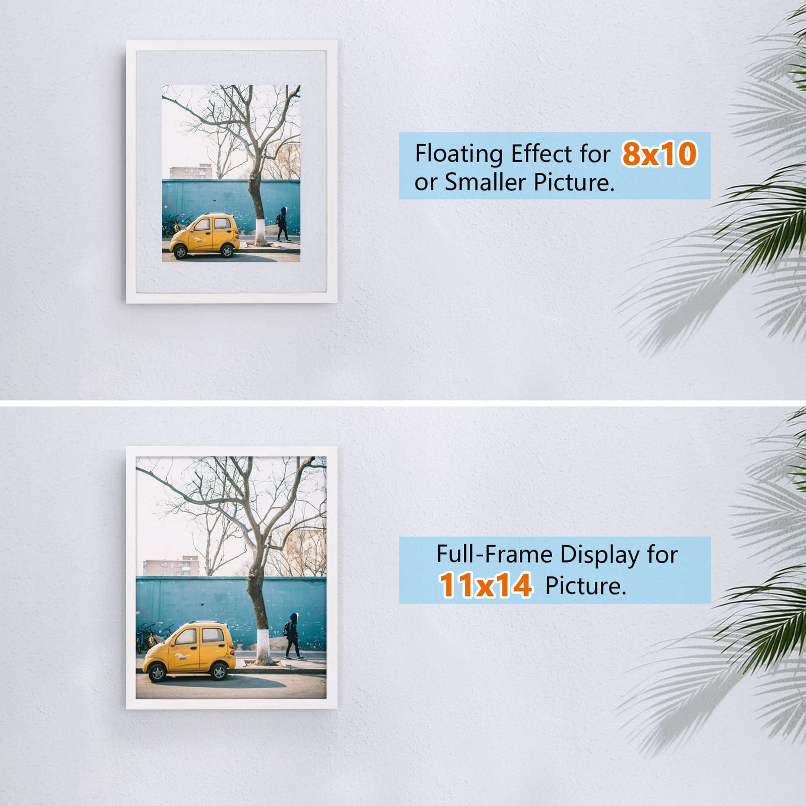 DLQuarts 11x14 Floating Photo Picture Frame, Floating Display for Photos 8x10, 7x9, 5x7,or Full Display for 11x14 Photos, Solid Wood, Double Glass, 2 Pack, White