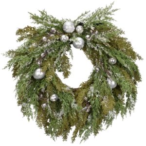 cloris art christmas wreaths for front door - artificial 22 inch pine glitter outdoor christmas wreath for door thanksgiving xmas winter holiday home wedding party window wall decor(silver & green)