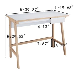 FRSTONE Pine Wooden Home Office Desk White Oak 39.3 x 29.5 Inch Computer Desk with Storage Drawer for Studing, Writing, Simple Style Study Table, Console Laptop Table, White Desktop